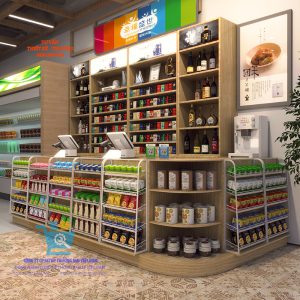 mẫu kệ gỗ cho thiết kế siêu thị mang phong cách độc đáo